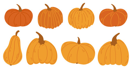 Hand drawing pumpkins collection. Set of flat hand drawn simple autumn pumpkin. Orange fall Halloween or Thanksgiving cute doodle elements. Isolated vector illustration