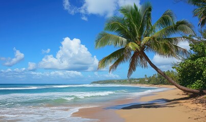 Tropical beach paradise with palm trees and crystal clear waters