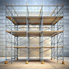 A metal scaffolding structure with wooden planks stands in front of a concrete wall. The scaffolding is empty and appears to be ready for construction work