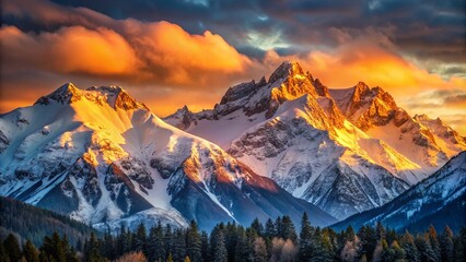 Golden Hour Light bathes the snow-capped mountains in rich warm hues