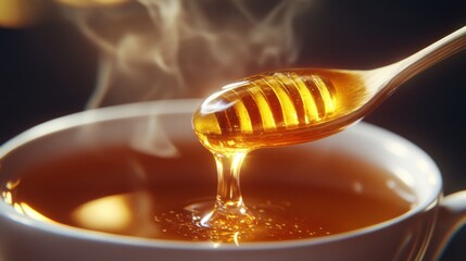 a spoonful of honey being drizzled into a cup