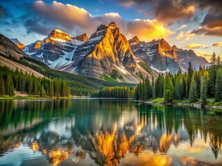 Golden light spills over rugged peaks, illuminating a serene alpine lake and surrounding forest, set against a backdrop of majestic, snow-capped mountains.