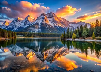 Golden Hour tranquility over crystal-clear mountain lake reflecting vibrant hues of dawn breaking on surrounding snow-capped peaks.