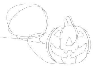 One continuous line of speech bubble with Halloween pumpkin. Thin Line Jack O' Lantern Illustration vector concept. Contour Drawing Creative ideas.
