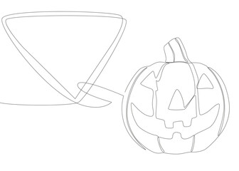 One continuous line of speech bubble with Halloween pumpkin. Thin Line Jack O' Lantern Illustration vector concept. Contour Drawing Creative ideas.