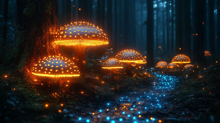 glowing mushrooms grows on a tree trunk in a mystical forest, casting an ethereal light. The enchanted scene evokes themes of mystery, nature's magic, and hidden realms