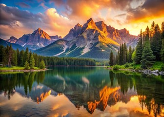 Fototapeta premium Serene Mountain Landscape comes alive with vibrant colors as golden hour sunrise radiates across calm lake waters and towering peaks.