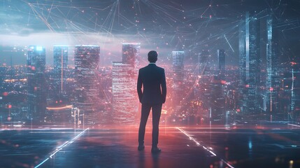 Obraz premium Business man on future network city technology background. 