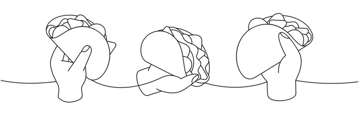 Hands hold beef tacos one line continuous drawing. Traditional Mexican street fast food. Vector linear illustration.