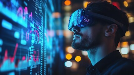 Naklejka premium Futuristic Man with VR Headset in Data Environment