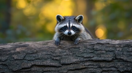 Curious raccoon peering from behind tree trunk