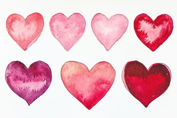 Watercolor heart shapes in various shades of red