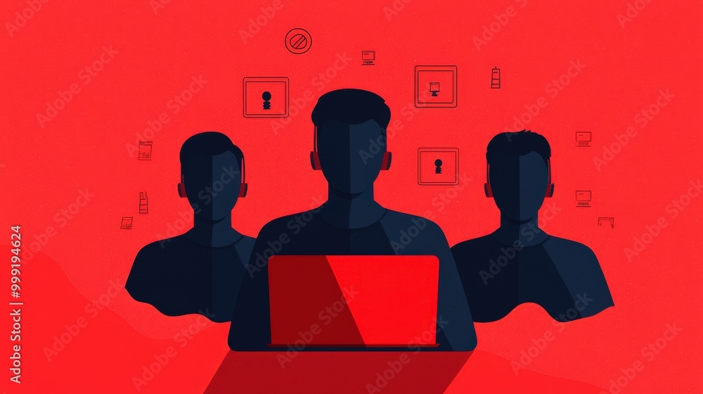 Poster cybersecurity team working on laptops with red background