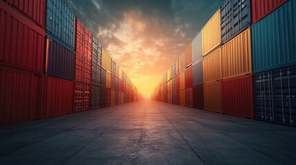 Fototapeta premium Sunset Over Cargo Containers in Shipping Yard