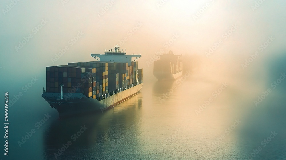 Poster Foggy Morning at a Container Port