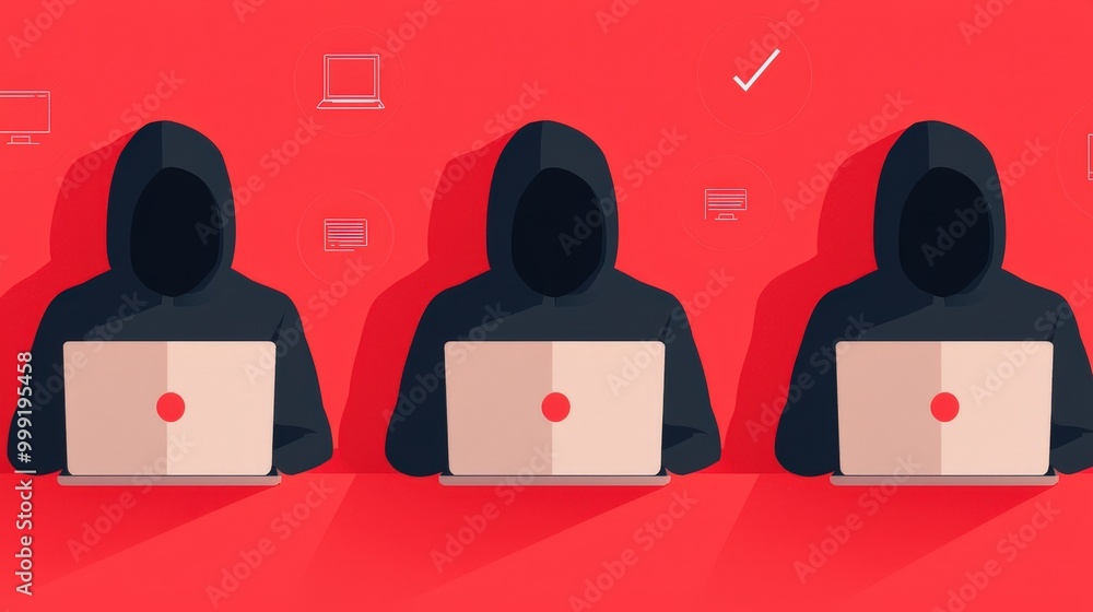 Poster anonymous hackers working on laptops with red background illustration