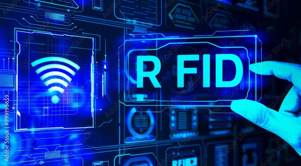 Aufkleber the concept of radio frequency identification visualized on a virtual screen.