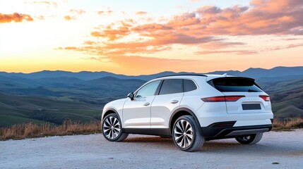 Obraz premium Scenic Sunset with Modern White SUV on Hilltop