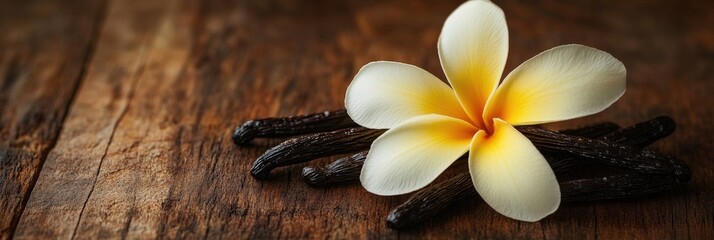 Fototapeta premium Tropical flower and vanilla pods on wooden background