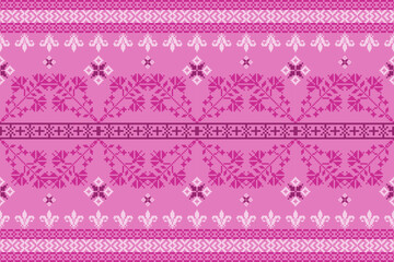 Pattern minimalistic pixel art and ethnic design for background.Embroidery Cross Stitch.carpet,wallpaper,clothing,wrapping,Batik,fabric,Vector illustration.embroidery,floral samless pattern