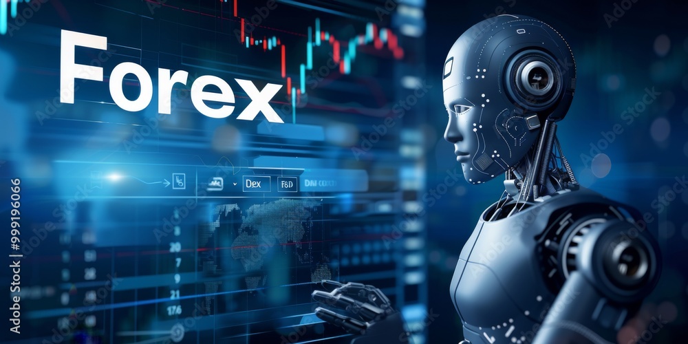 Poster the future of forex trading demonstrated through robotic button operations.