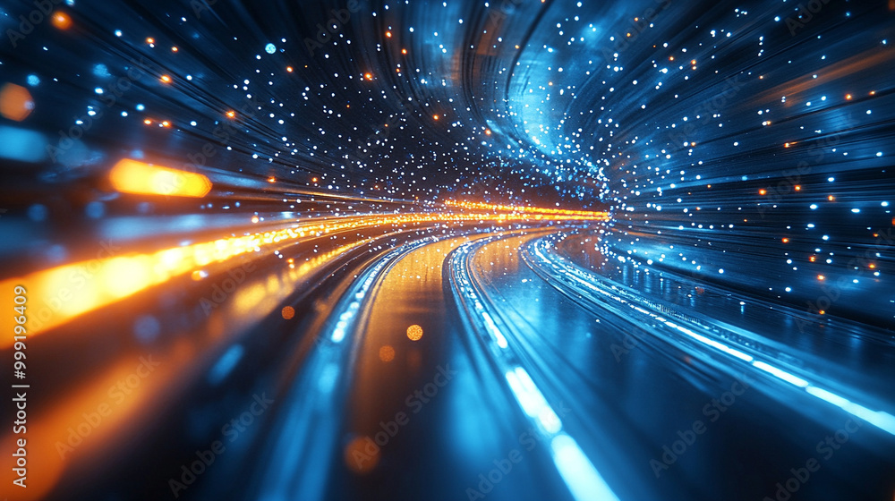 Poster dynamic, abstract composition featuring geometric shapes and light streaks in a futuristic techno st
