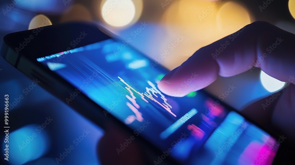 Poster hands holding smartphone showing data visualization