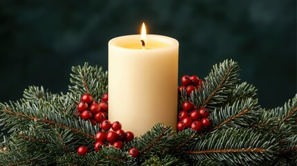 Christmas Candle with Evergreen and Berries   Festive Decoration