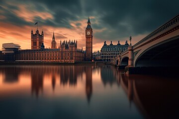 Stunning sunset over the iconic houses of parliament in london
