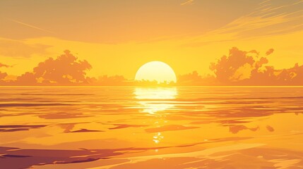 Serene Sunset Beach Scene: Warm Hues of Yellow and Orange   Tranquil Waters
