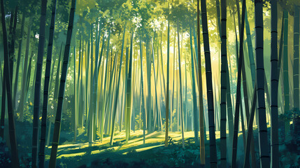 Fototapeta premium Towering bamboo stalks create a tranquil grove, as dappled sunlight paints a dance of light and shade on the forest floor. Bamboo Forest. Illustration