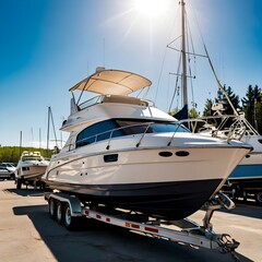 Fototapeta premium Boats on a trailer in the parking lot of a boat sports store for sale or rental, a sunny day with a blue sky in the background. luxury ship, maintenance, and parking place boat, marine industrial