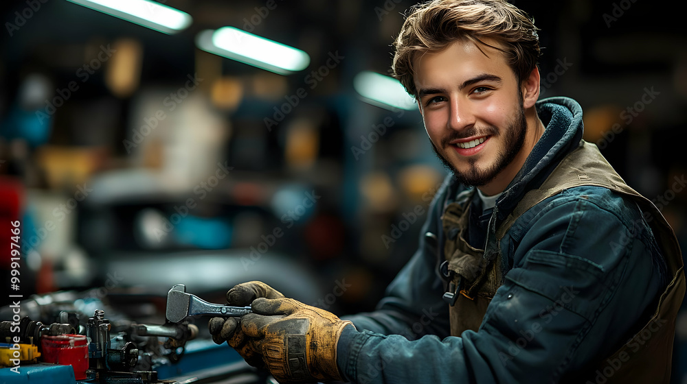 Poster mechanic working on machine with tool in hands