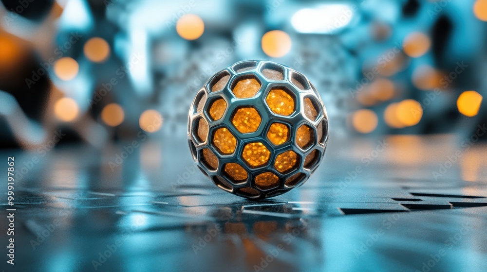 Poster abstract metallic sphere with honeycomb pattern and glow
