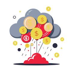 A flat illustration depicts coins falling like rain from a dark gray cloud. The coins are gold and have a dollar sign on them. The coins are held up by strings from the cloud