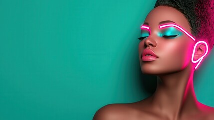 Neon Glow Makeup  Woman with Pink and Blue Lights  Futuristic Fashion