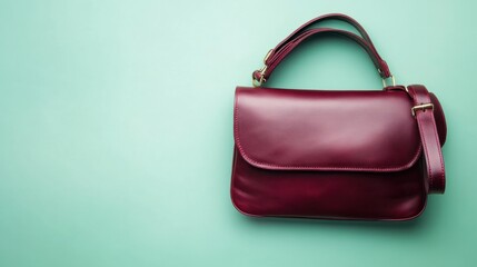 A lady's messenger bag in deep burgundy leather with a sleek design, isolated on a pastel green background