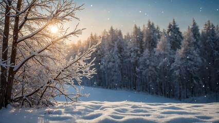 Fototapeta premium Winter landscape with snow, forest trees, and golden sunlight sky