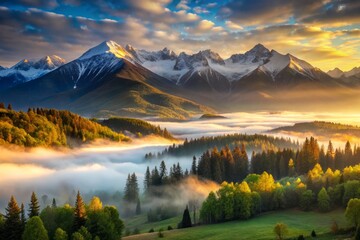 Misty Mountain Valley awakens to Vibrant Dawn, as golden light creeps over snow-capped peaks, casting long shadows and illuminating the lush greenery, atmosphere tranquil and mystical.
