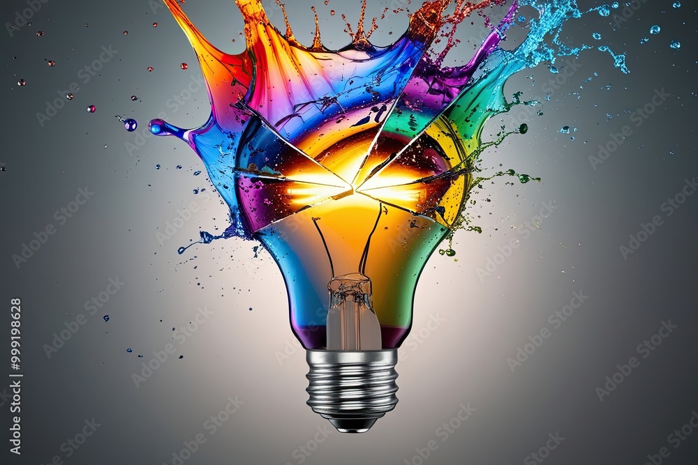 Poster ingenious light bulb fractures releasing a splash of vivid colors and patterns