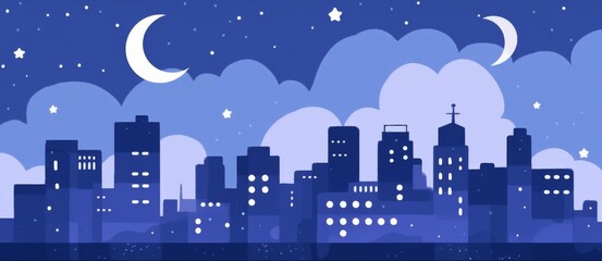 Night Cityscape Vector Illustration: Stars, Moon, and Simple Buildings in a Blue Palette