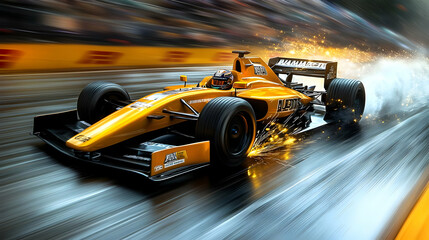 Race Car Speeds Through a Wet Track with Sparks Flying