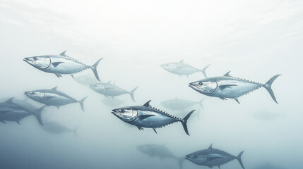 A school of tuna fish swimming gracefully in the clear blue ocean, their streamlined bodies glistening under the diffused sunlight.
