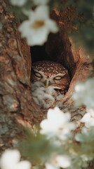 A serene image of a sleeping owl nestled comfortably inside a tree hollow surrounded by soft, blooming flowers.