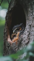 Close-up of a fluffy owl resting inside a tree hollow, surrounded by forest greenery.