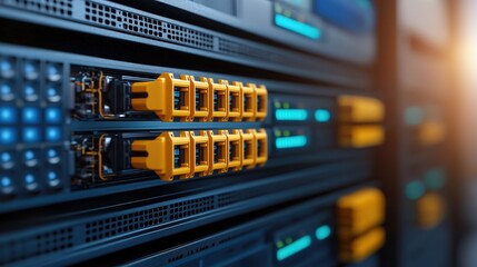 Naklejka premium Data Center Server Rack Close Up with Network Connectors