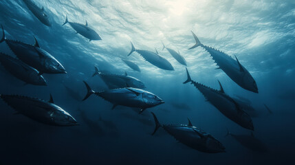 Obraz premium A school of large bluefin tuna swimming in deep, dark blue waters with sunlight filtering through the surface.