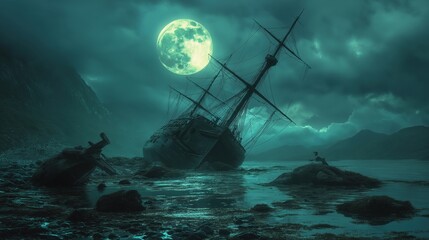 Eerie beauty of a half-submerged shipwreck under a haunting full moon, accompanied by ethereal sirens on jagged rocks