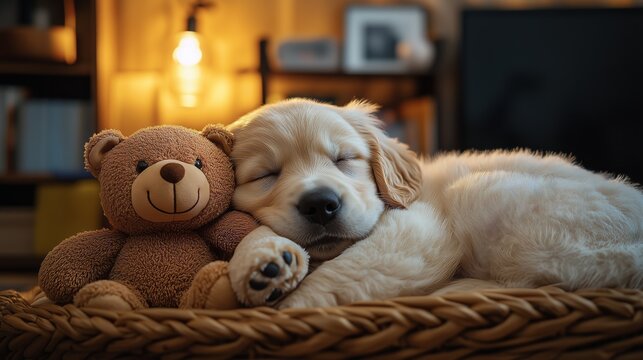 Adorable golden retriever puppy sleeping peacefully with a teddy bear in a cozy, warmly lit room.