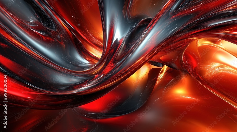 Poster a vibrant 3d abstract composition with dynamic metallic shapes in crimson red and bronze creating an